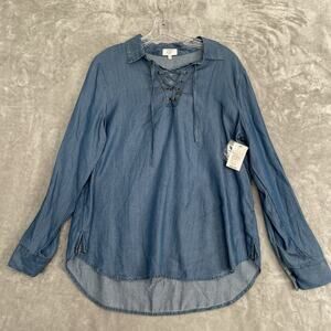 NEW Crown & Ivy Chambray Cruise Ready Tunic Petite Large PL Tencel Top Beach